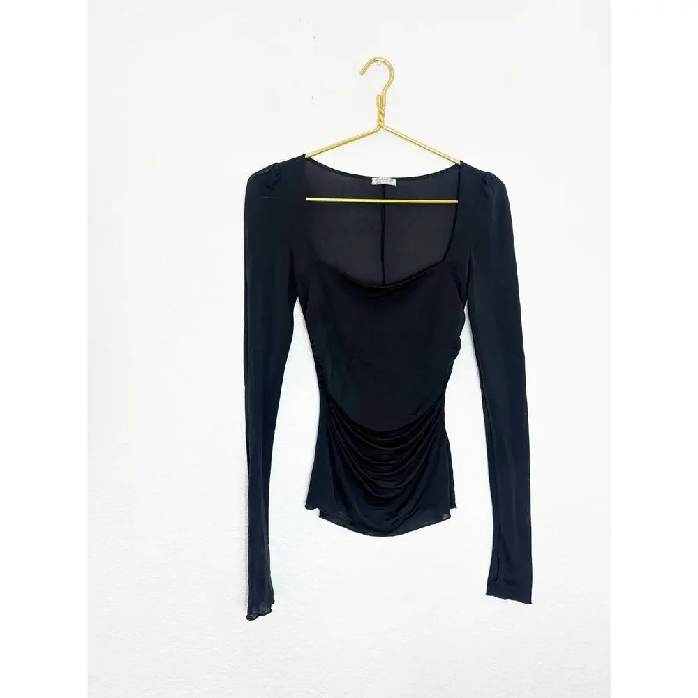 Free People Wind Down Layering Top in Black Size XS Stretch Jersey Ruched Chic